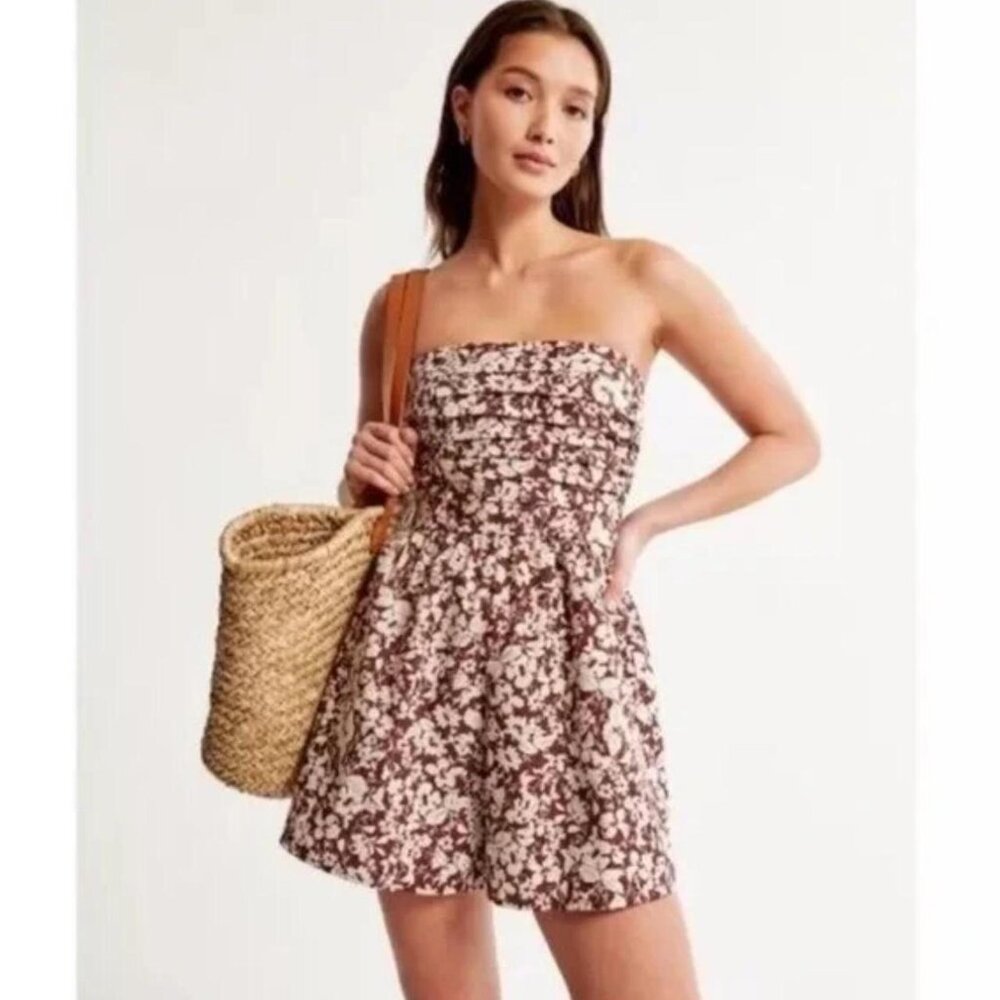 Abercrombie & Fitch Emerson Ruched Strapless Romper – Brown & White Floral